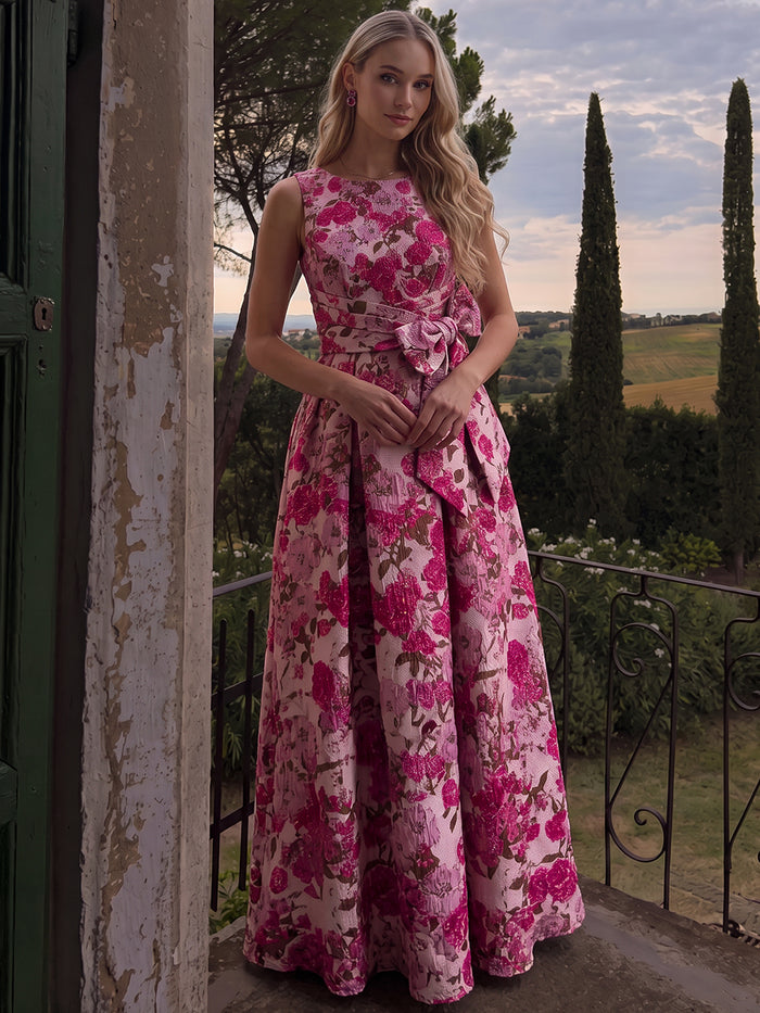 Jacquard A-Line Boat Neck Maxi Formal Dresses with Bow