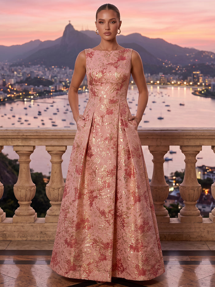 Jacquard A-Line Boat Neck Maxi Formal Dresses with Pleated