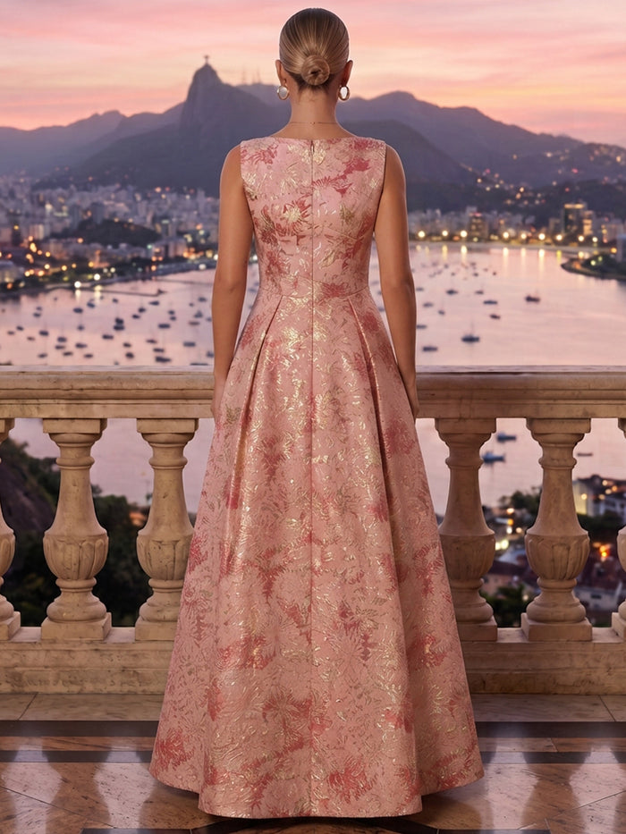 Jacquard A-Line Boat Neck Maxi Formal Dresses with Pleated