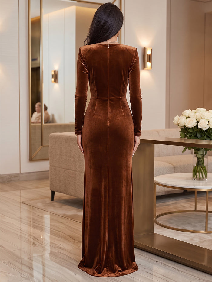 Velvet Sheath V Neck Maxi Formal Dresses with Twisted Knot