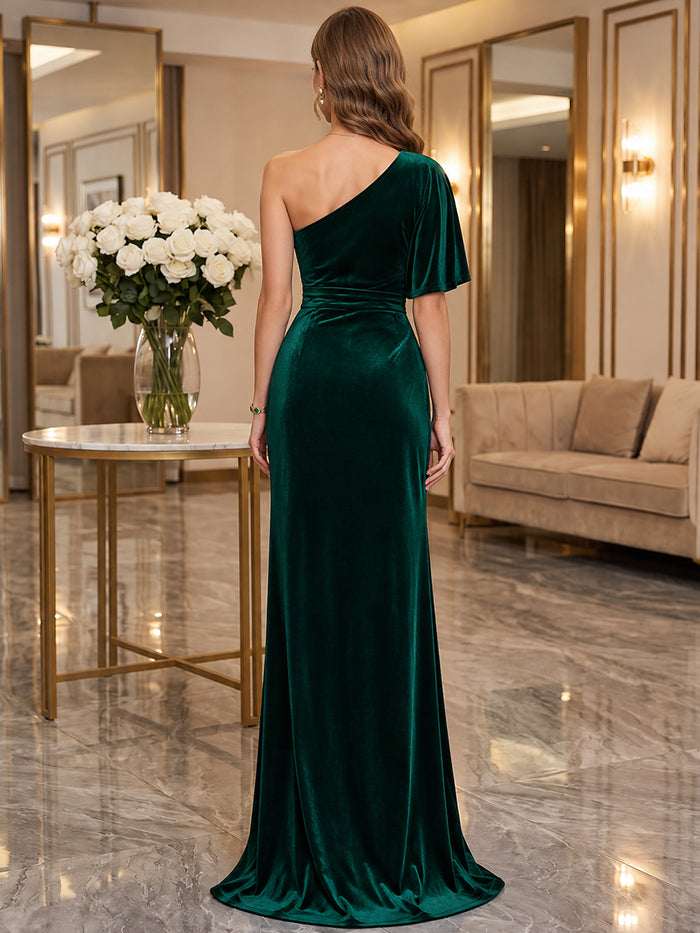 Velvet Sheath One Shoulder Maxi Formal Dresses with Ruched