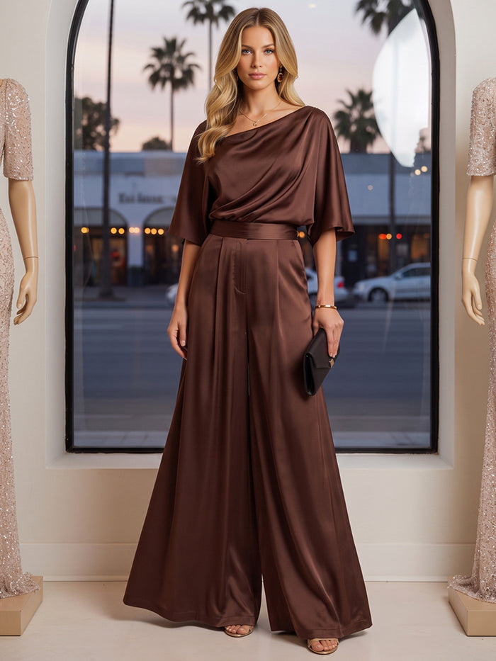 Satin One Shoulder Maxi Formal Pantsuit with Wide Satin Waistband