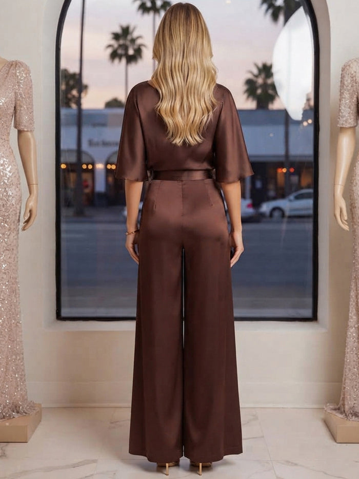 Satin One Shoulder Maxi Formal Pantsuit with Wide Satin Waistband