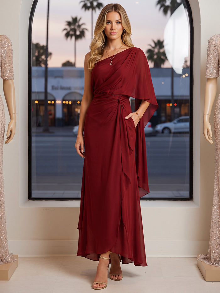 Chiffon A-Line One Shoulder Maxi Formal Dresses with Side Waist Ruched