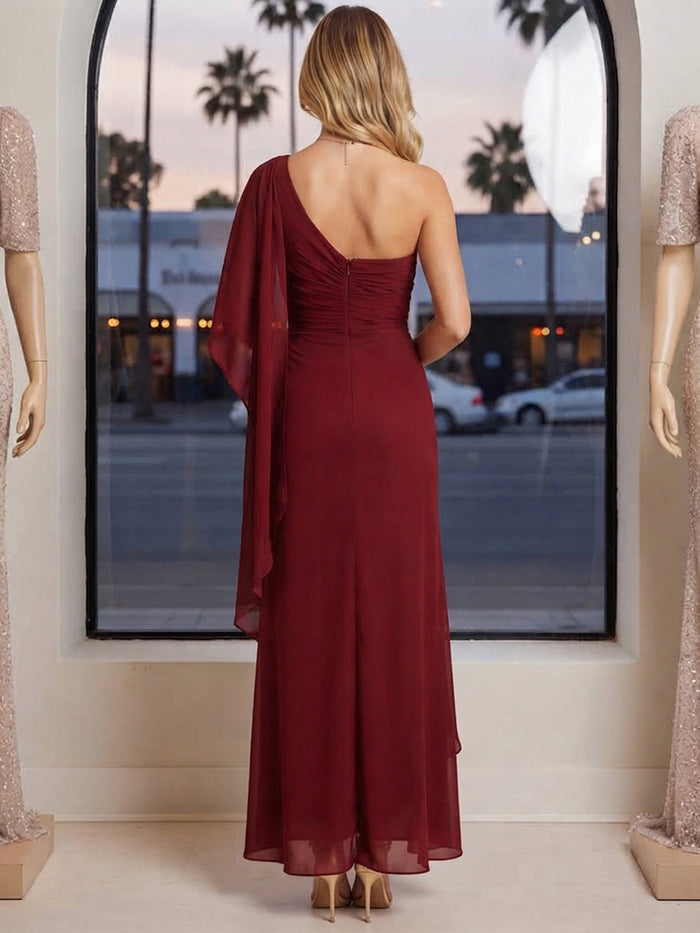 Chiffon A-Line One Shoulder Maxi Formal Dresses with Side Waist Ruched