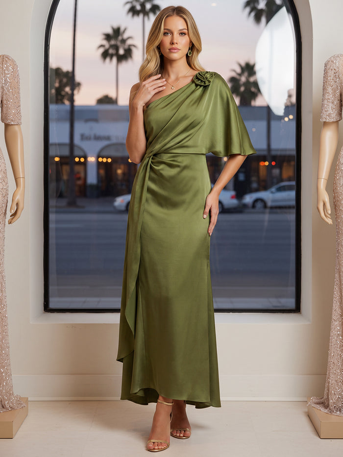 Satin Sheath One Shoulder Maxi Formal Dresses with Caps