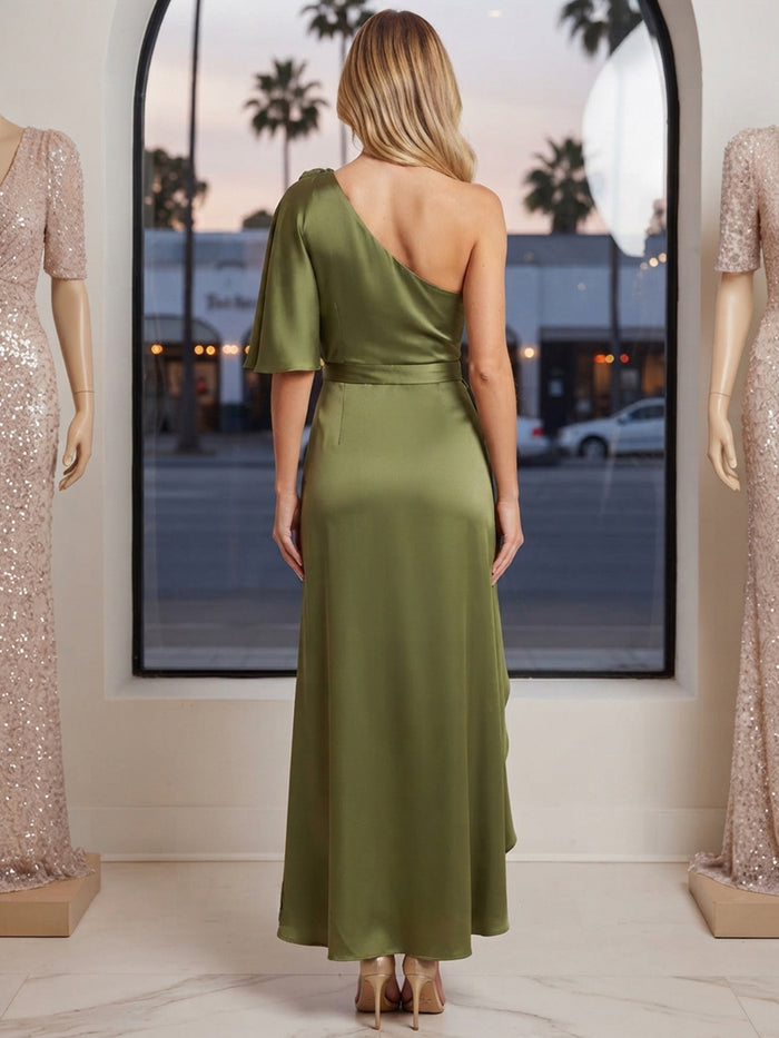 Satin Sheath One Shoulder Maxi Formal Dresses with Caps