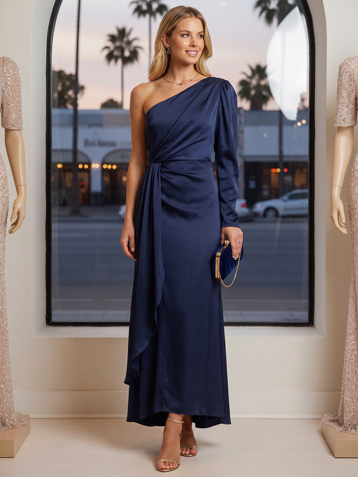 Satin Sheath One Shoulder Maxi Formal Dresses with Draped Side Sash