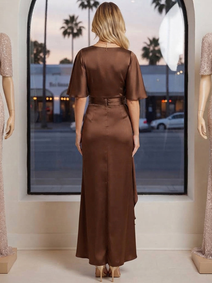 Satin Sheath V Neck Maxi Formal Dresses with Side Waist Ruched