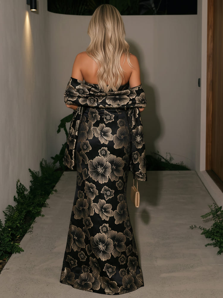 Jacquard Sheath Strapless Maxi Formal Dresses with Shawl