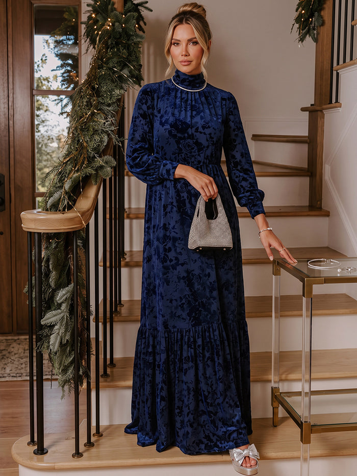 Burnout Velvet A-Line High Neck Maxi Formal Dresses with Pleated
