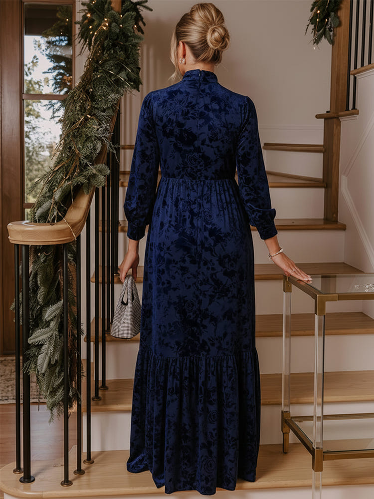 Burnout Velvet A-Line High Neck Maxi Formal Dresses with Pleated