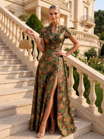 Jacquard A-Line Stand Collar Maxi Formal Dresses with Side Slit