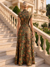 Jacquard A-Line Stand Collar Maxi Formal Dresses with Side Slit