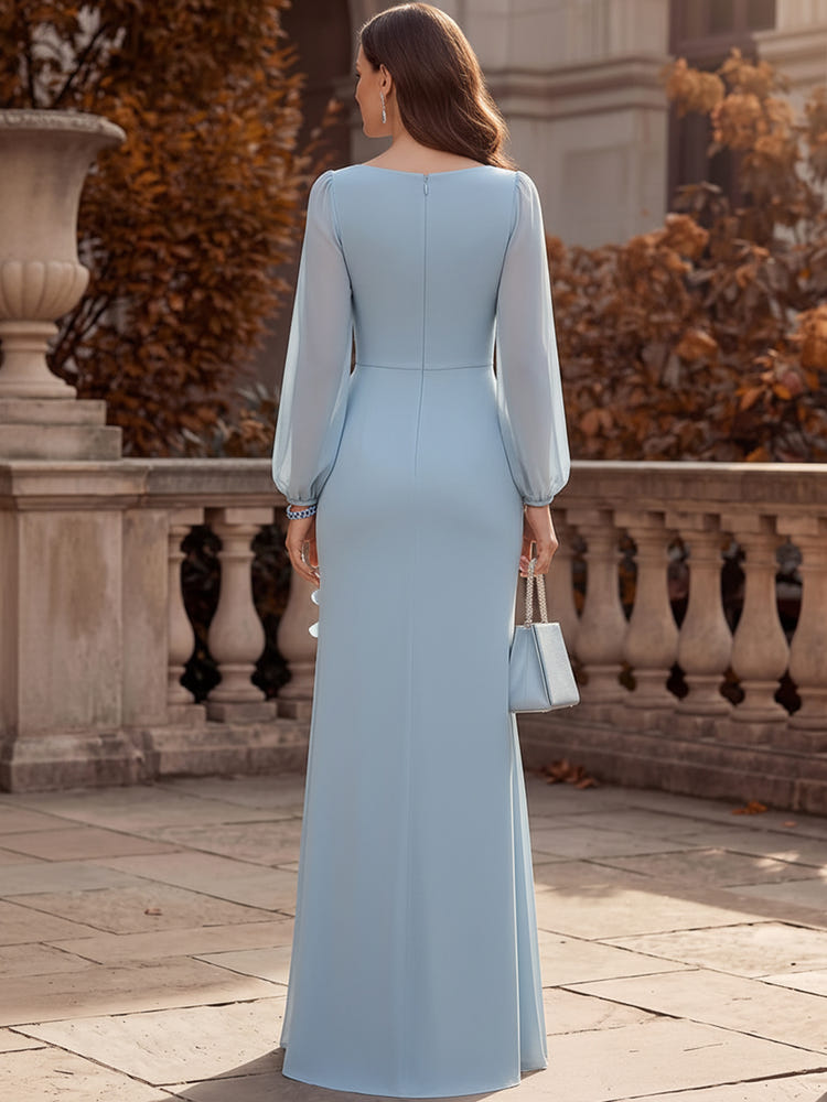 Chiffon Mermaid V Neck Maxi Formal Dresses with Pleated