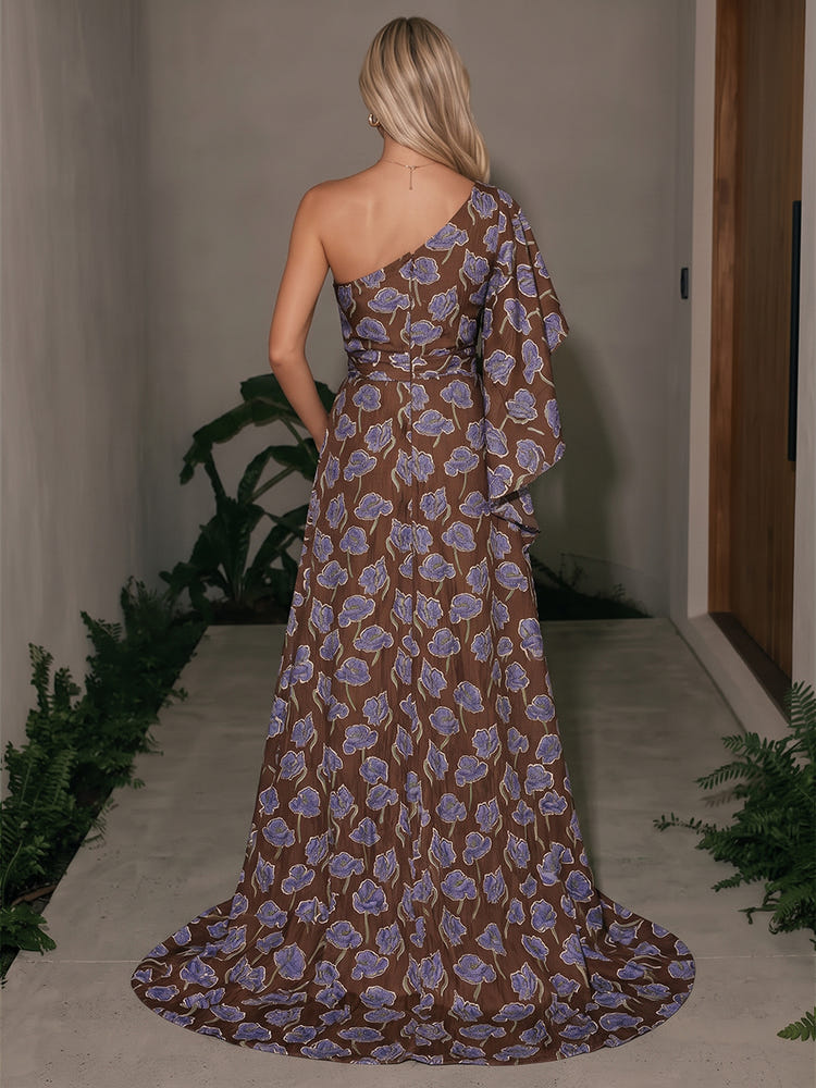 Jacquard Sheath One Shoulder Maxi Formal Dresses with Wraps