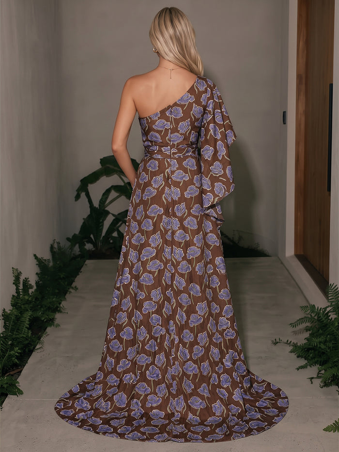 Jacquard Sheath One Shoulder Maxi Formal Dresses with Wraps