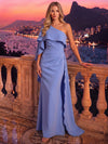 Satin Sheath One Shoulder Maxi Formal Dresses with Ruffles
