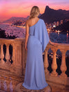 Satin Sheath One Shoulder Maxi Formal Dresses with Ruffles