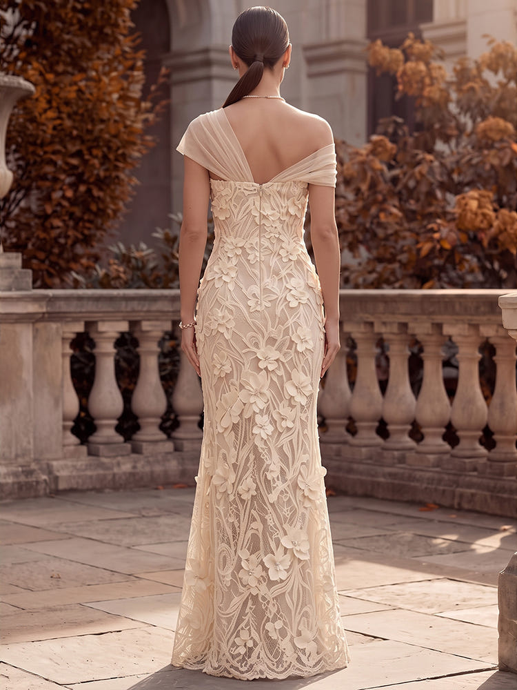 3D Flower Lace Mermaid One Shoulder Maxi Formal Dresses with Floral Lace Applique