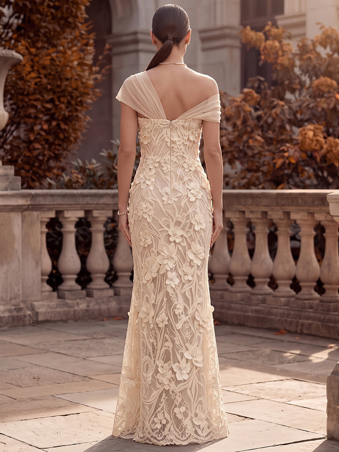 3D Flower Lace Mermaid One Shoulder Maxi Formal Dresses with Floral Lace Applique