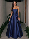 Satin A-Line Strapless Maxi Formal Dresses with 3D Flowers