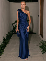 Satin Mermaid One Shoulder Maxi Formal Dresses with Side Waist Ruched