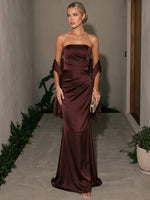 Satin Mermaid Strapless Maxi Formal Dresses with Shawl