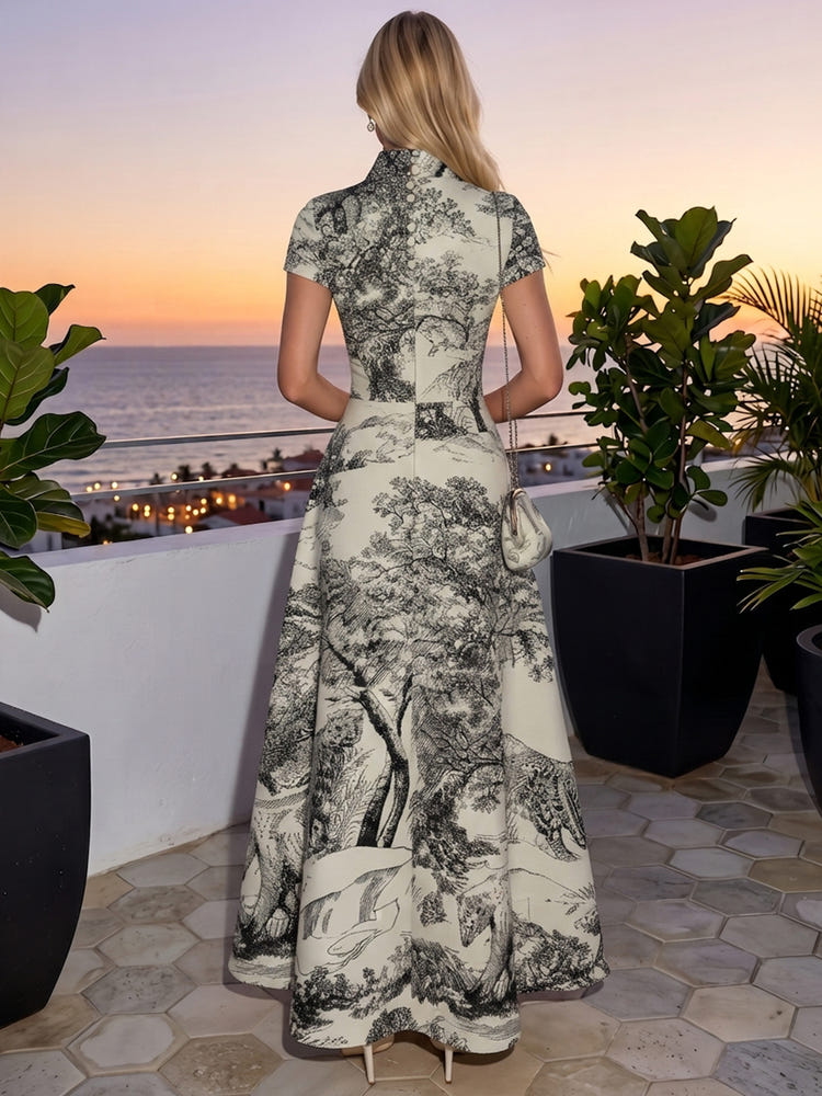 Satin A-Line Stand Collar Maxi Formal Dresses with Vintage Forest Animal Scenic Print