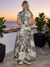 Satin A-Line Stand Collar Maxi Formal Dresses with Vintage Forest Animal Scenic Print