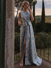 Jacquard A-Line Boat Neck Maxi Formal Dresses with Bow