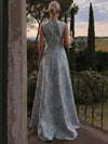 Jacquard A-Line Boat Neck Maxi Formal Dresses with Bow