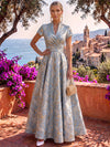 Jacquard A-Line Stand Collar Maxi Formal Dresses with Side Waist Ruched