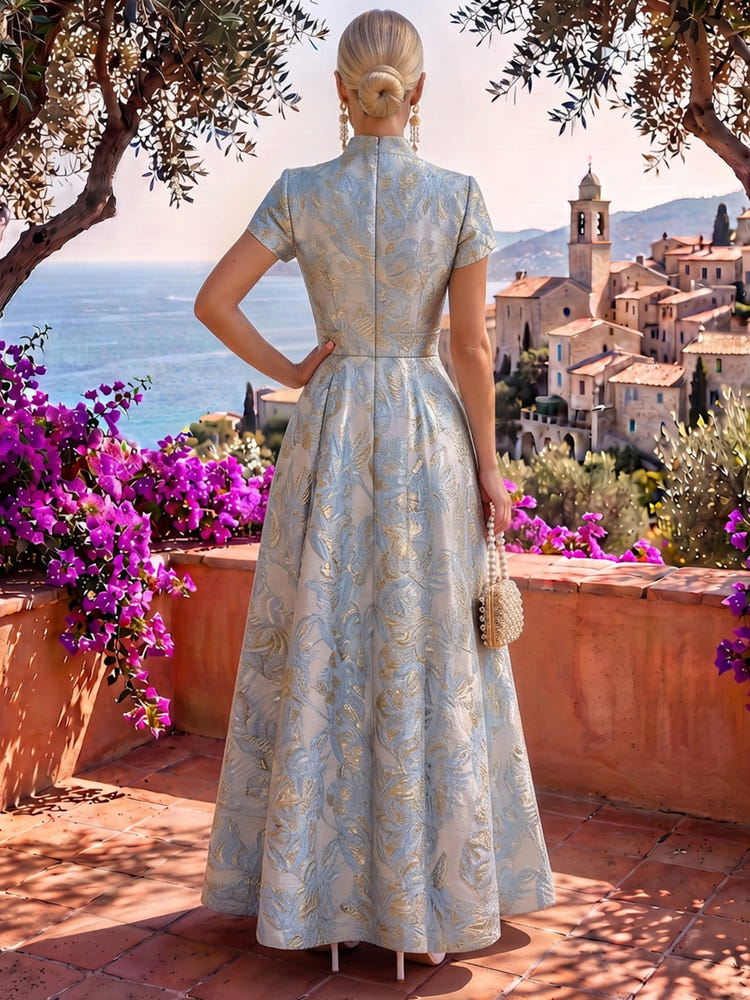Jacquard A-Line Stand Collar Maxi Formal Dresses with Side Waist Ruched
