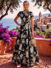 Jacquard A-Line Stand Collar Maxi Formal Dresses with Side Waist Ruched