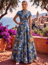 Jacquard A-Line Stand Collar Maxi Formal Dresses with Side Waist Ruched