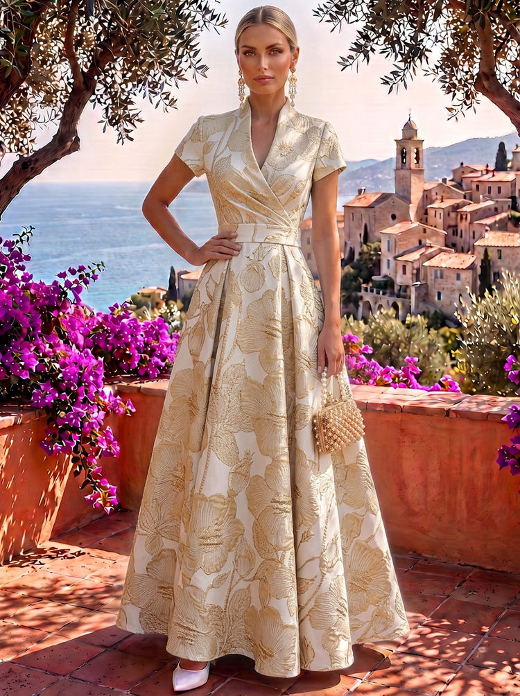 Jacquard A-Line Stand Collar Maxi Formal Dresses with Side Waist Ruched