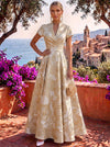 Jacquard A-Line Stand Collar Maxi Formal Dresses with Side Waist Ruched