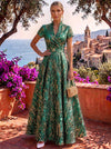 Jacquard A-Line Stand Collar Maxi Formal Dresses with Side Waist Ruched