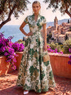 Jacquard A-Line Stand Collar Maxi Formal Dresses with Side Waist Ruched