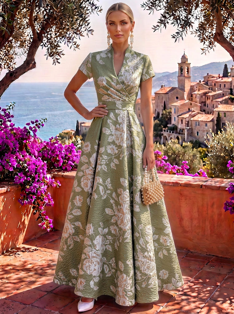 Jacquard A-Line Stand Collar Maxi Formal Dresses with Side Waist Ruched