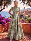 Jacquard A-Line Stand Collar Maxi Formal Dresses with Side Waist Ruched