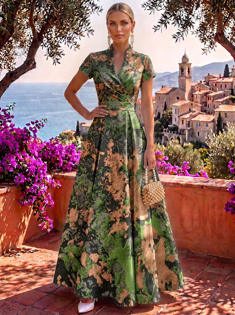 Jacquard A-Line Stand Collar Maxi Formal Dresses with Side Waist Ruched