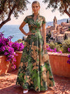 Jacquard A-Line Stand Collar Maxi Formal Dresses with Side Waist Ruched