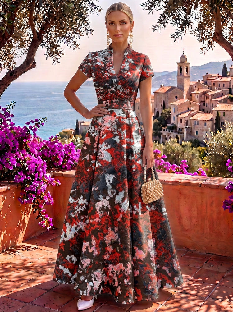 Jacquard A-Line Stand Collar Maxi Formal Dresses with Side Waist Ruched