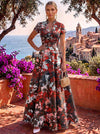 Jacquard A-Line Stand Collar Maxi Formal Dresses with Side Waist Ruched