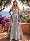 Jacquard A-Line One Shoulder Maxi Formal Dresses with Wide Defined Waistband