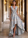 Jacquard A-Line V Neck Maxi Formal Dresses with 3D Flowers