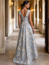 Jacquard A-Line V Neck Maxi Formal Dresses with 3D Flowers