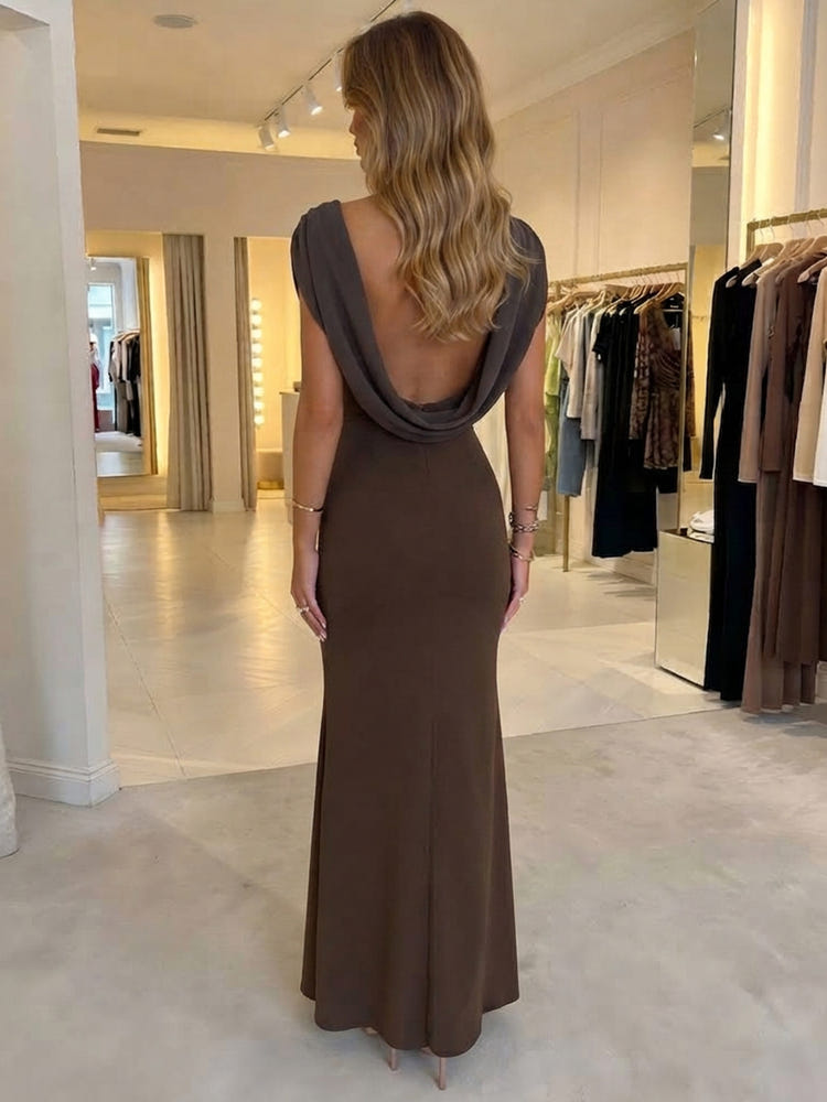 Jersey Mermaid Cowl Neck Maxi Formal Dresses with Side Slit